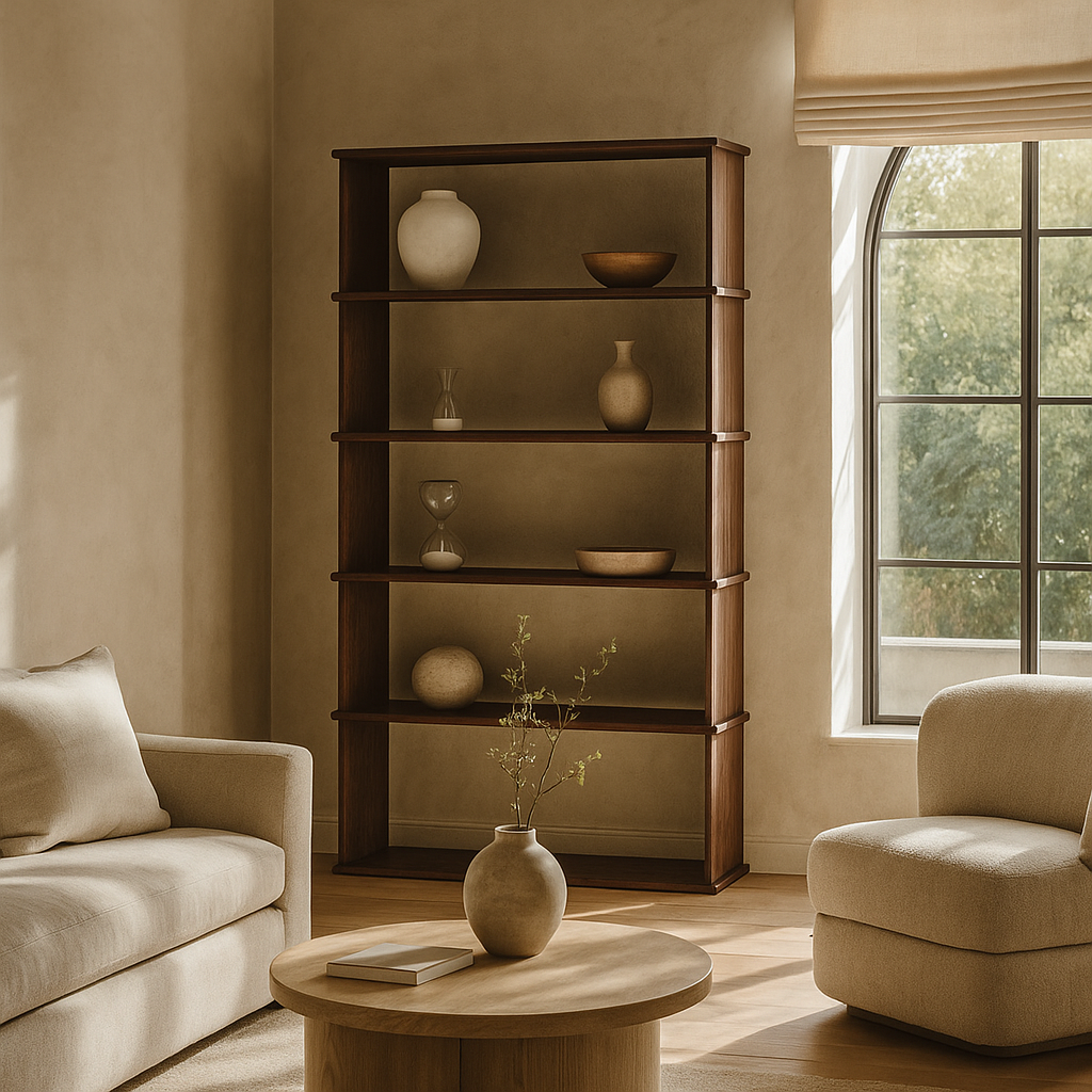 Bibliothèque 5 étagères en Noyer Massif | Fait à la main | Finition Noyer