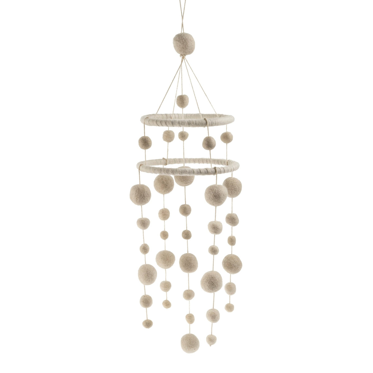 Mobile décoratif en laine feutrée avec pompons beiges suspendus en étages