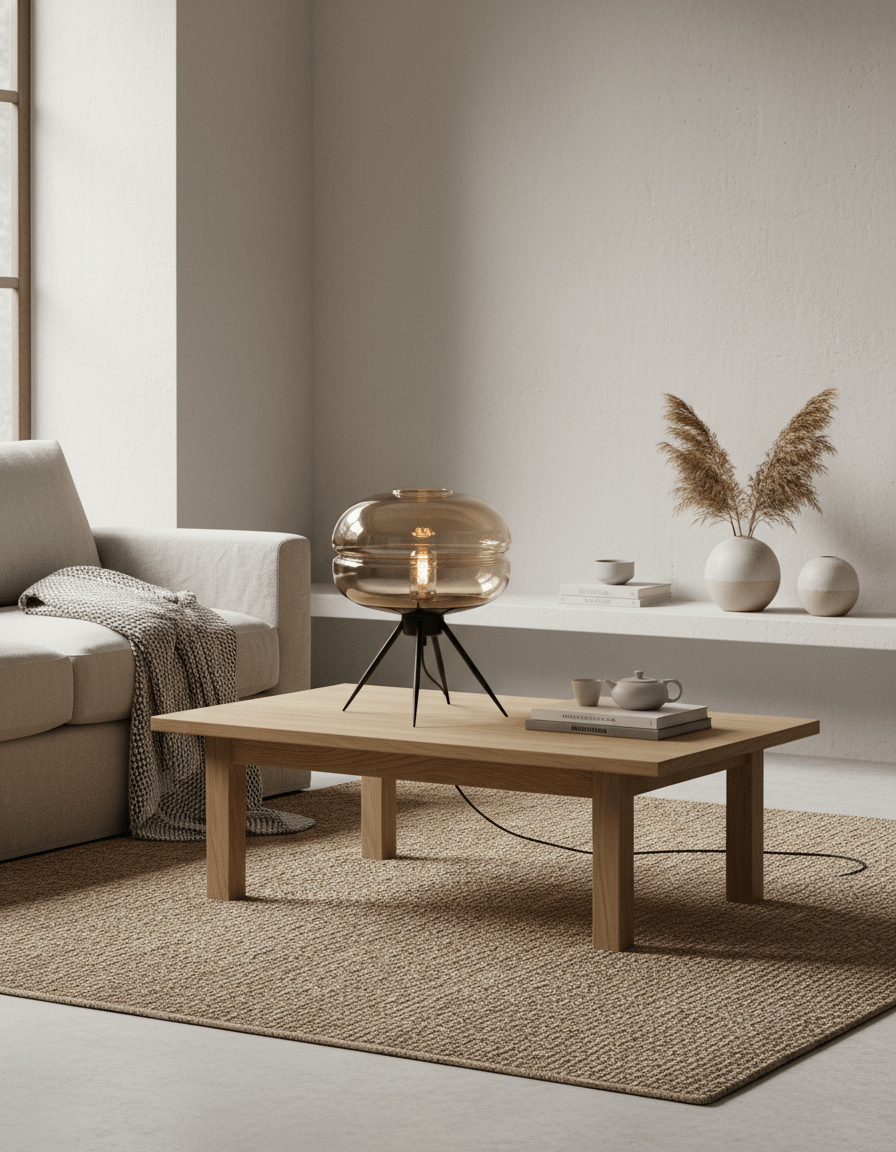 Lampe de table industrielle Odyssey en fer forgé avec globe en verre ambré sur une table de salon en bois style boho