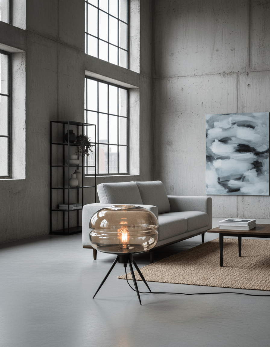 Lampe de table industrielle Odyssey en fer forgé avec globe en verre ambré dans un salon gris style industriel