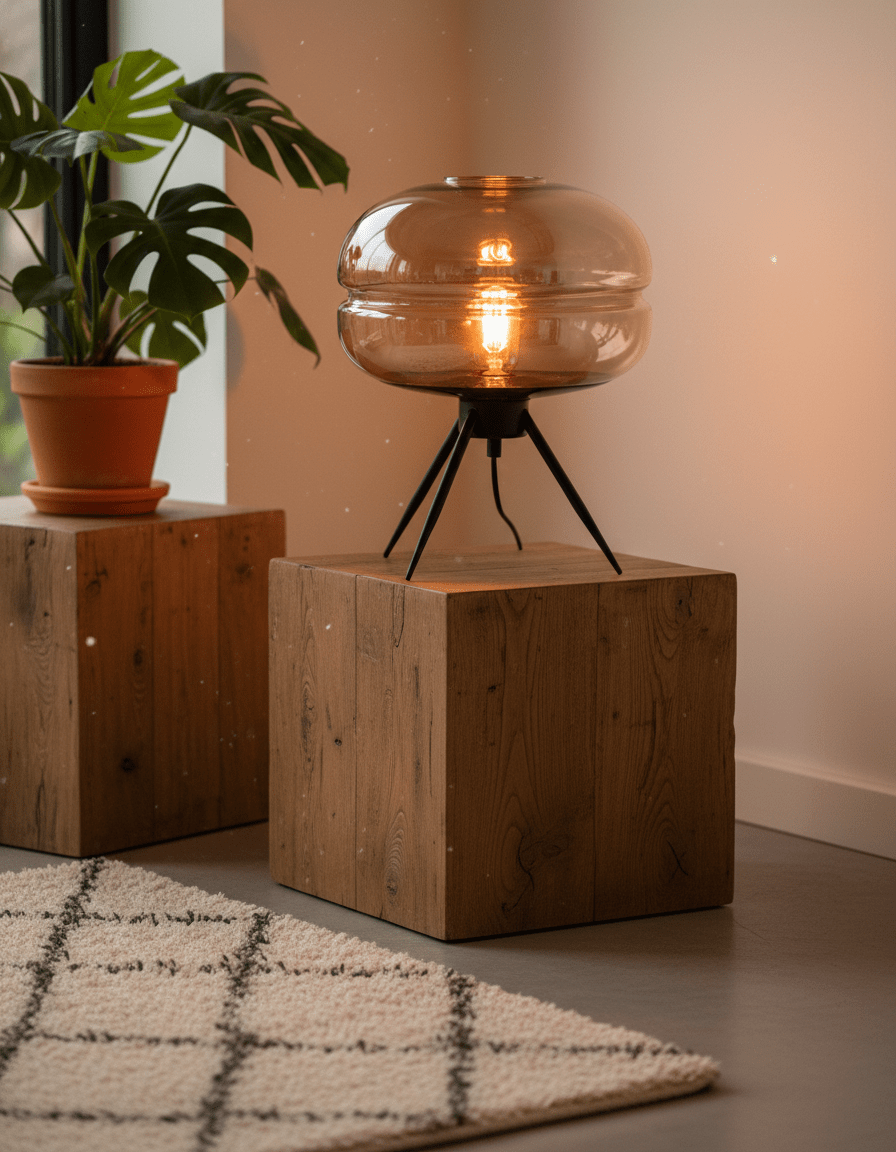 Lampe de table industrielle Odyssey en fer forgé avec globe en verre ambré sur un cube en bois