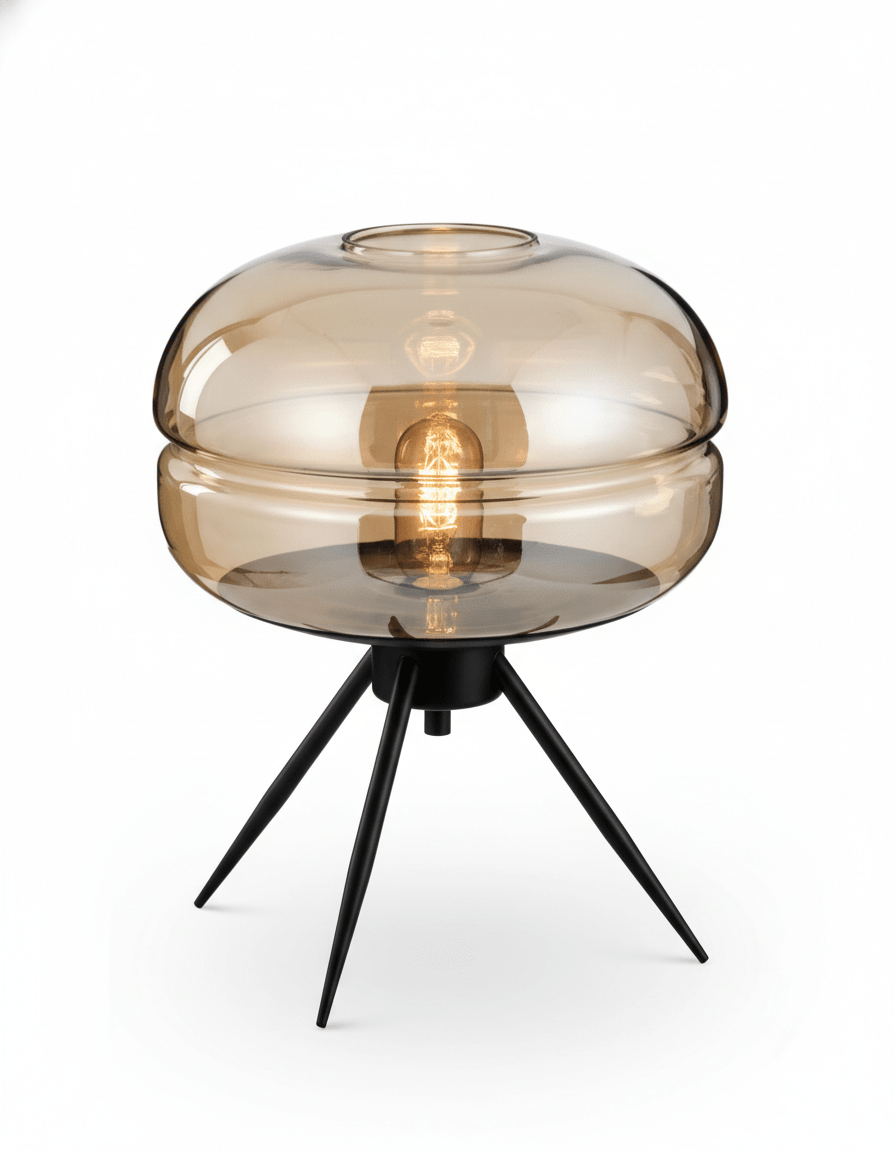 Lampe de table industrielle Odyssey en fer forgé avec globe en verre ambré sur fond blanc