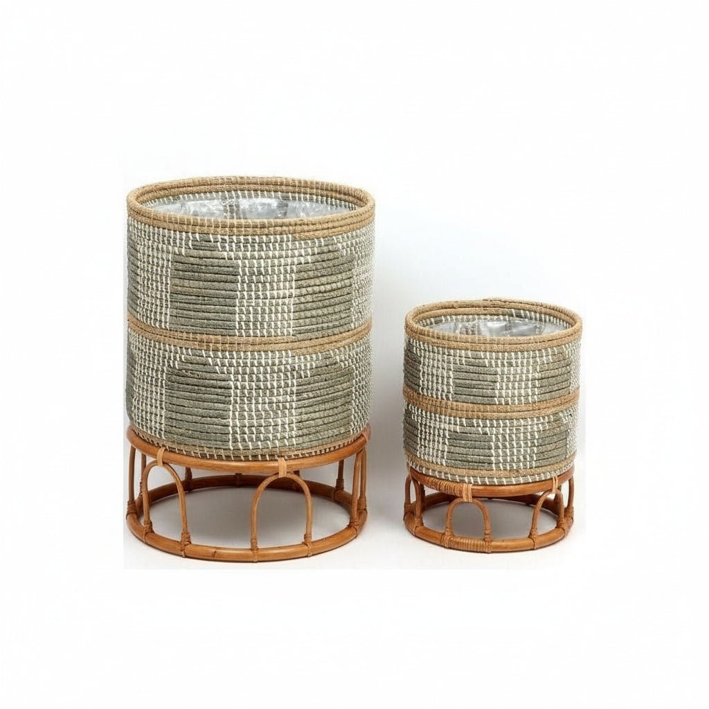 Panier Cache - Pot Masina | Jonc de mer & rotin | Finition blanc & sarcelle - Les Trouvailles de JustineNatural PlanterartiplantoLarge