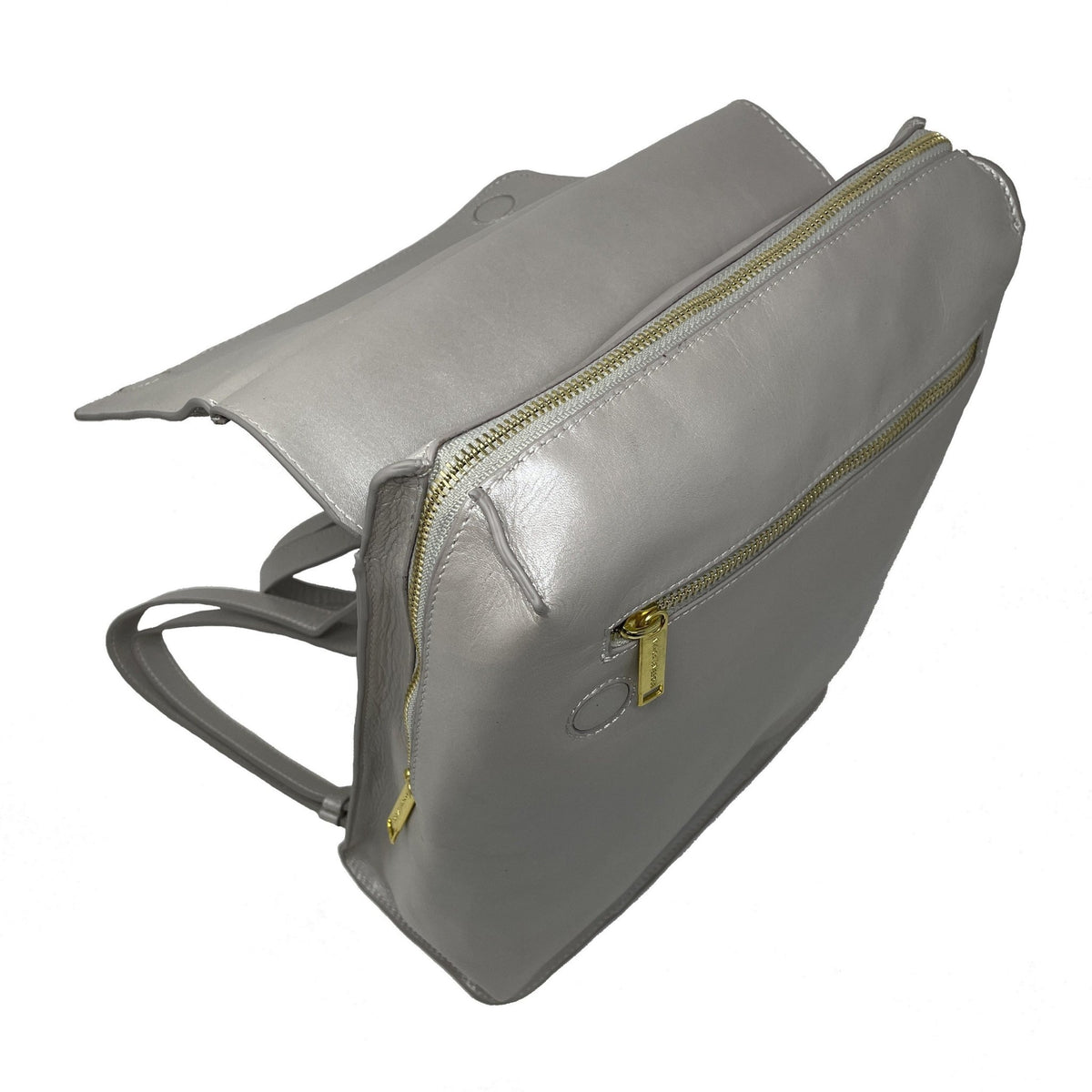Sac à dos en cuir gris, compartiment zippé sur le côté, tirette dorée