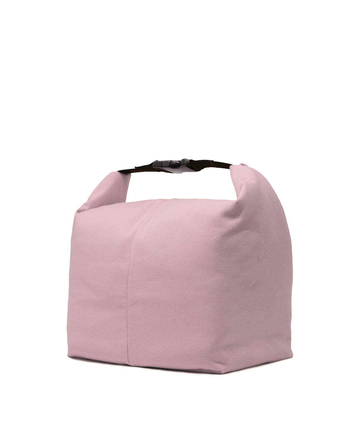 Sac à lunch isolé rose pastel, face avant lisse et anses noires