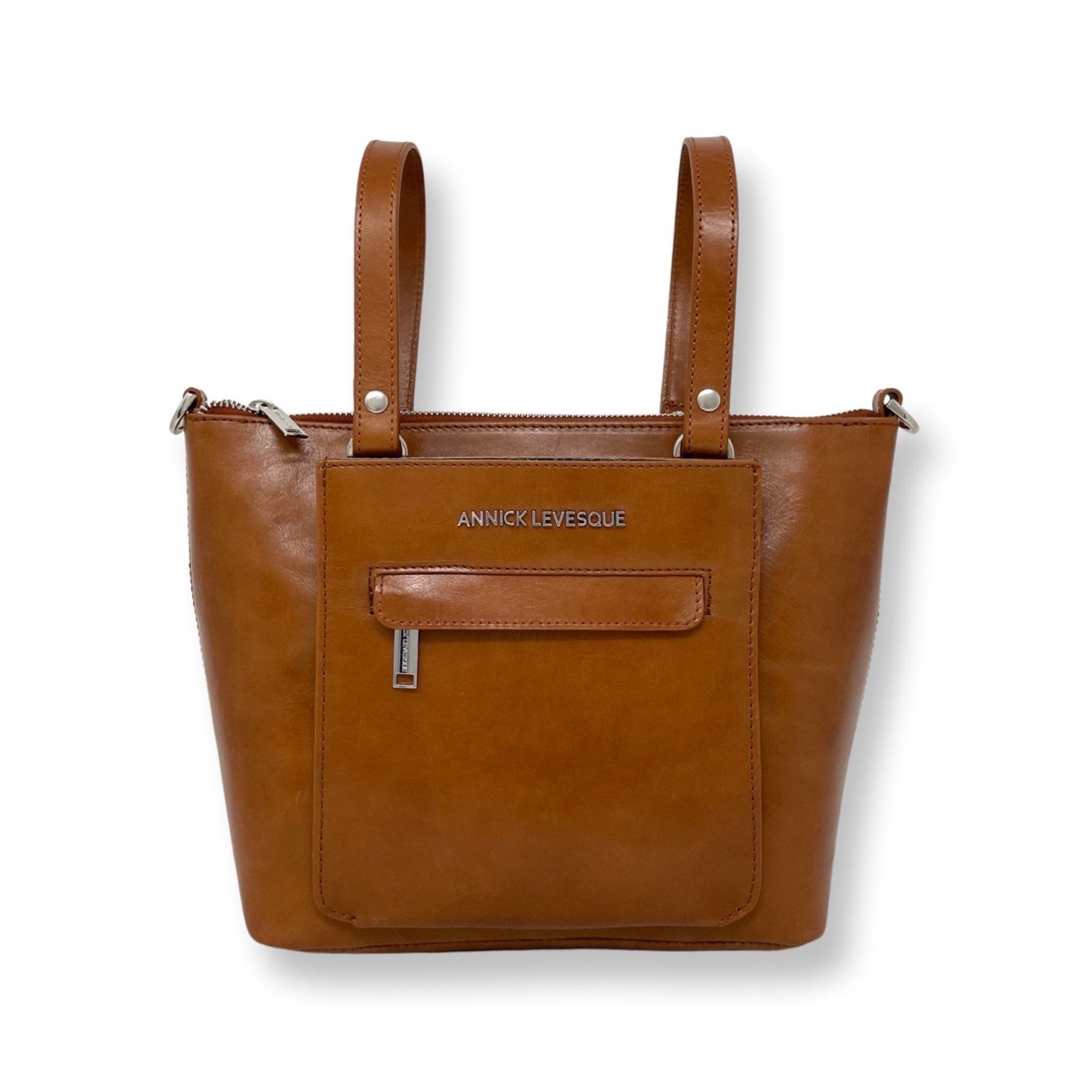 Sac cabas en cuir cognac, deux anses, poche avant zippée et quincaillerie métal