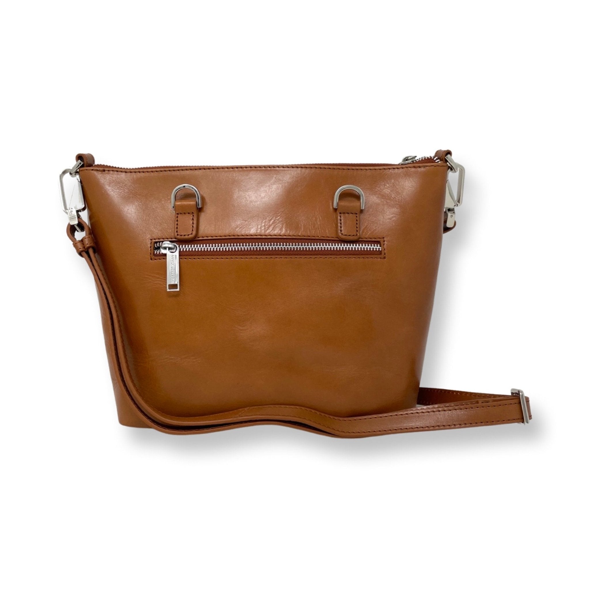 Sac à main en cuir cognac avec poche zippée, anses courtes et bandoulière