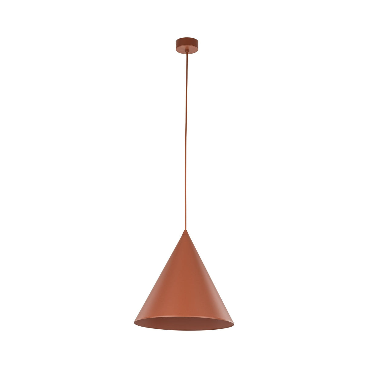 Suspension conique orange brique avec câble et rosace de plafond ronde.