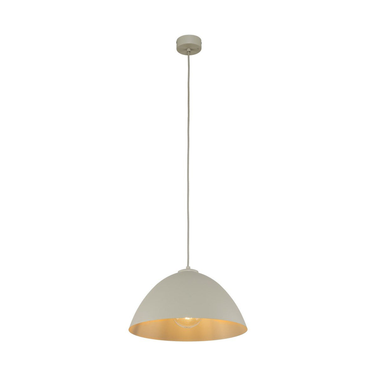 Luminaire suspendu à abat-jour beige en forme de dôme, intérieur doré.