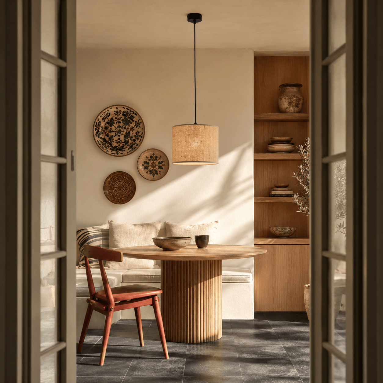 Suspension JUTE en fibres naturelles de jute tressé, design scandinave avec lumière douce et chaleureuse pour salle à manger ou chambre.