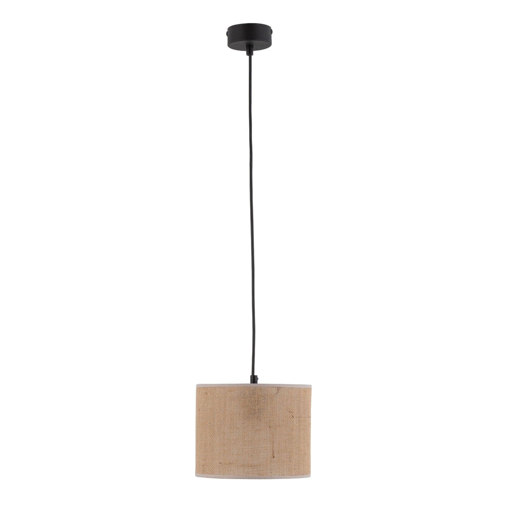 Suspension en jute naturelle tressée, abat-jour cylindrique beige et cordon noir