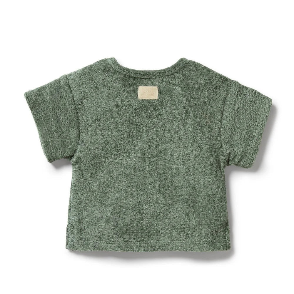 T-shirt bébé en coton éponge vert mousse à manches courtes, encolure ronde.