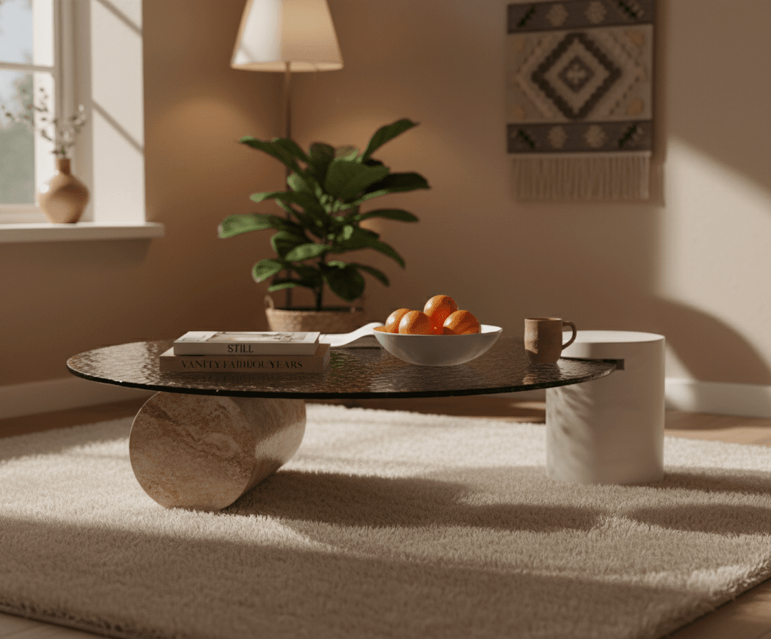 Table basse en verre effet vague | Piètement en pierre naturelle - Les Trouvailles de JustineCoffee TableAltera