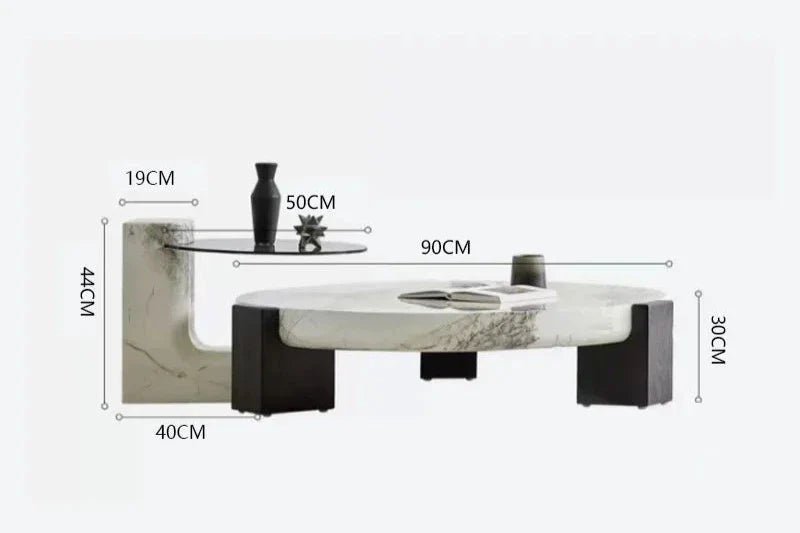 Table basse Makoto | Plateau céramique | Base en chêne et pierre naturelle - Les Trouvailles de JustineNisu Home