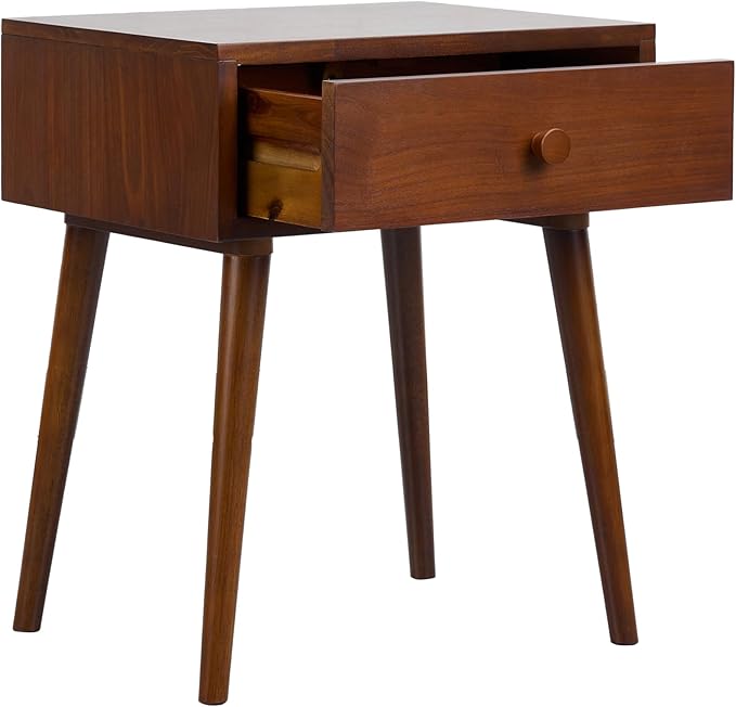 Table de chevet bois foncé avec tiroir et poignée ronde, pieds fuseau style mid-century.