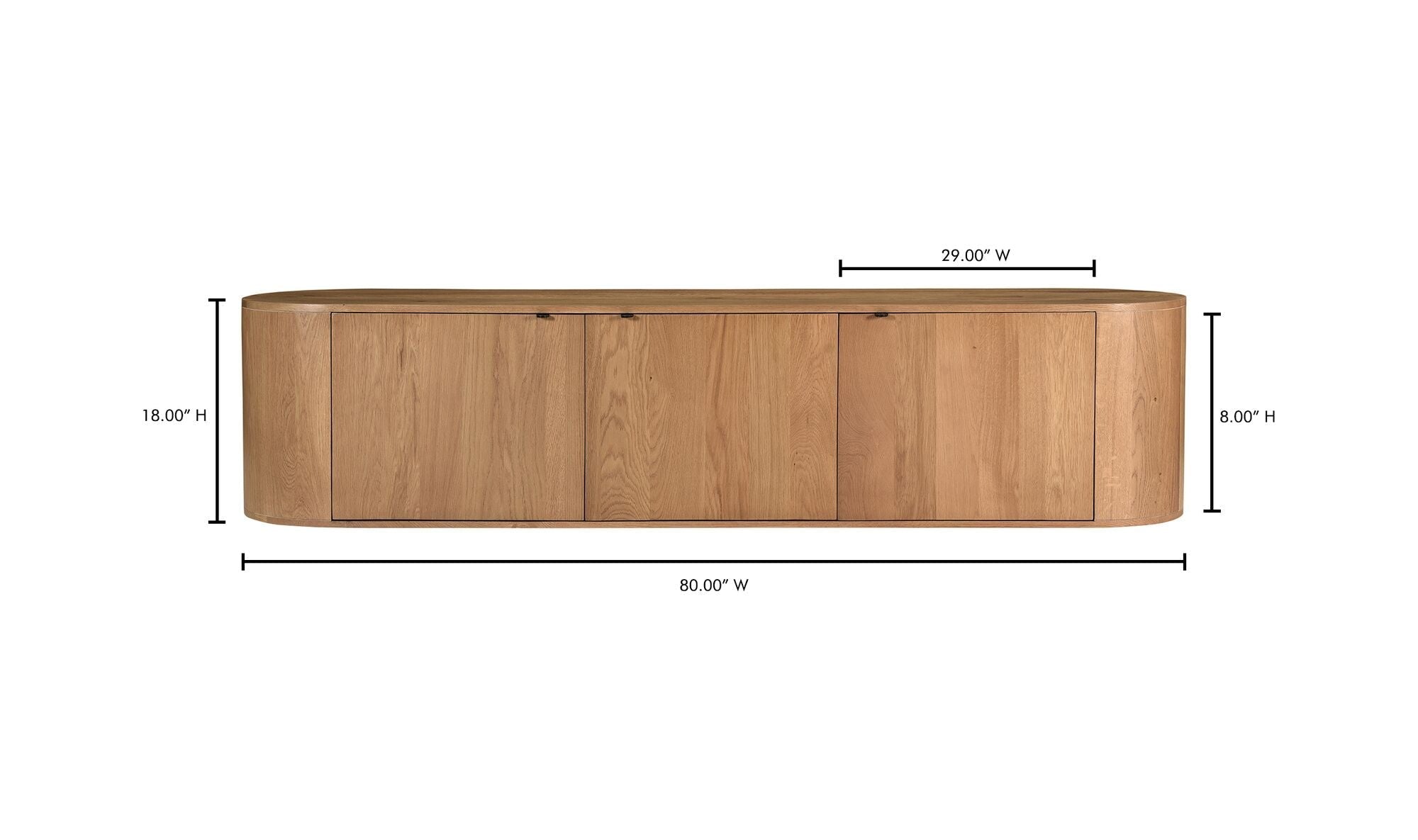 Meuble TV en bois clair arrondi, trois portes, dimensions visibles