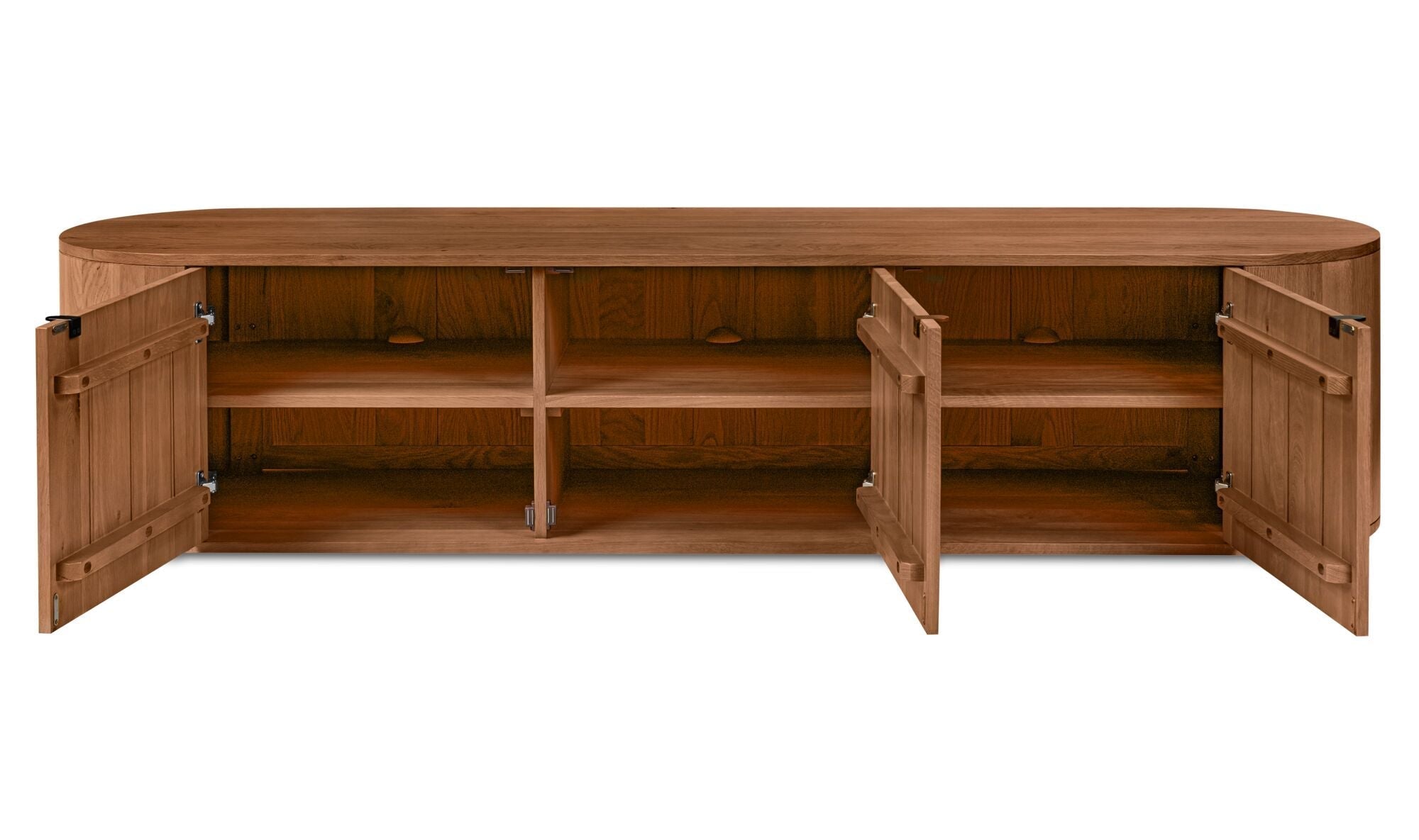 Meuble TV Tamale en bois brun, longue console avec portes rabattables et niches ouvertes.