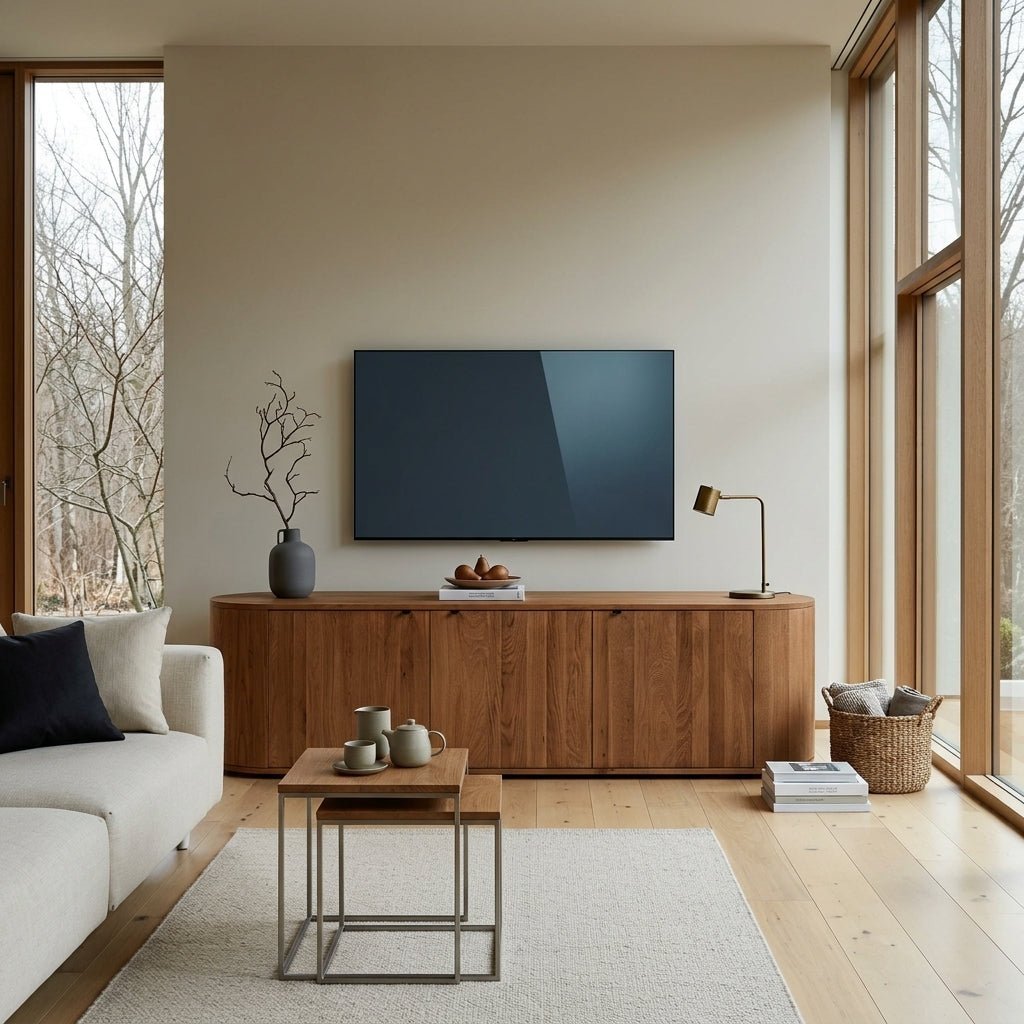 Meuble TV en bois clair avec trois portes, aspect nervuré, style contemporain