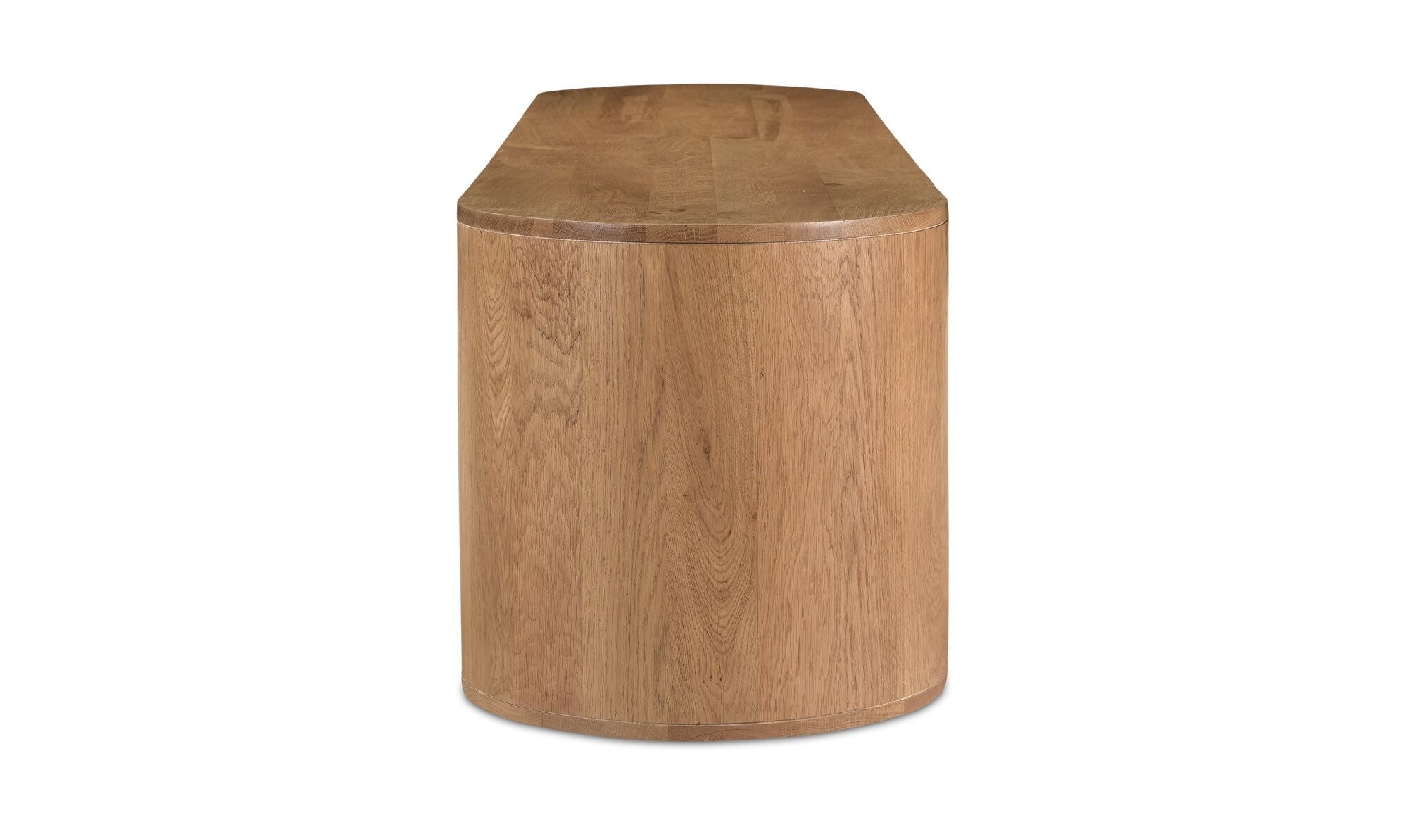 Meuble TV en bois clair, vue de dessus : forme cylindrique à angles arrondis