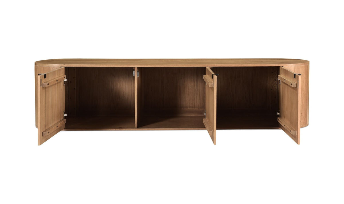 Meuble TV en bois clair, caisson ouvert avec compartiments de rangement
