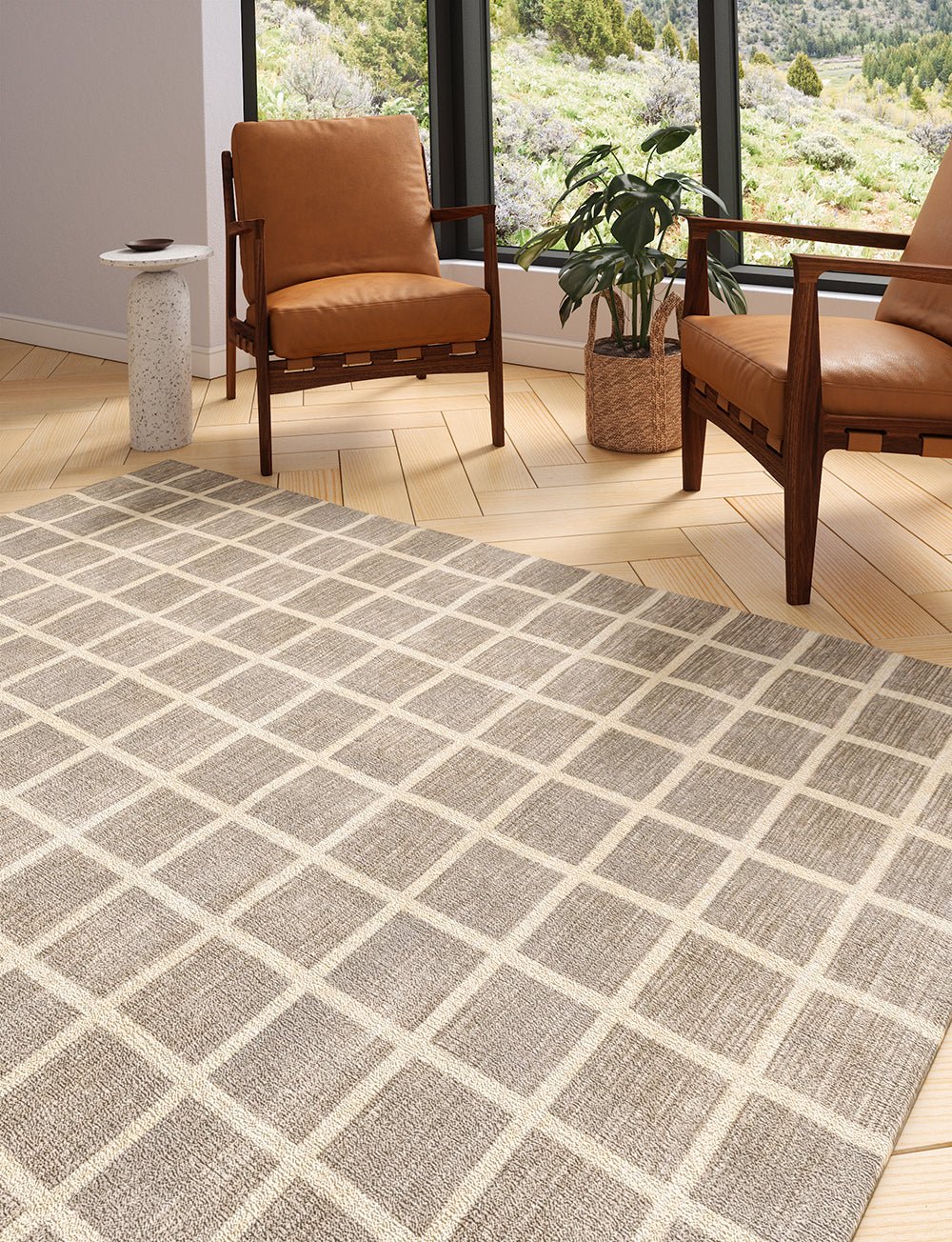 Tapis Caper beige naturel | Motif à carreaux moderne - Les Trouvailles de JustinerugsartiplantoMachine Washable5'x7'