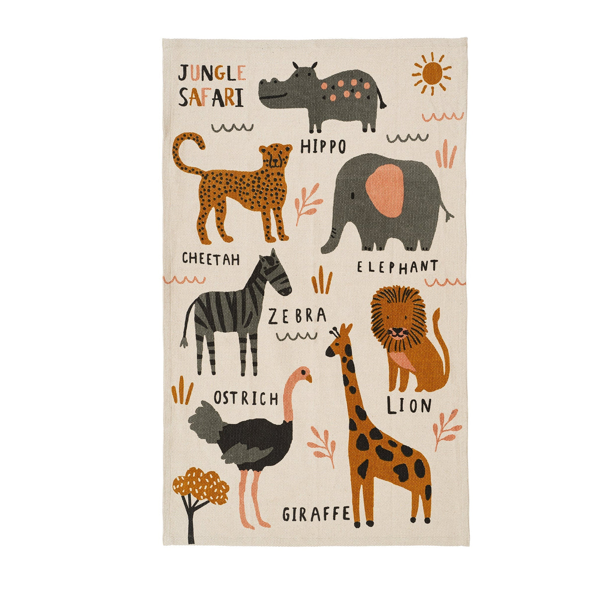 Tapis en coton beige, animaux de safari imprimés, fait main.