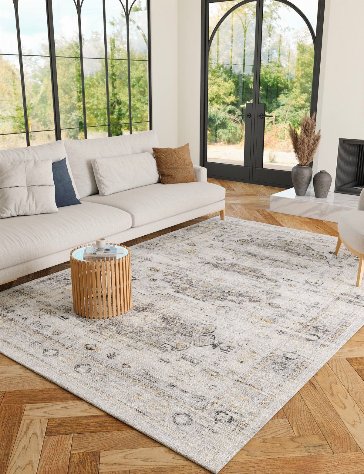 Tapis Kyra argent, gris et blanc | Motif d’inspiration persane - Les Trouvailles de JustinerugsartiplantoMachine Washable6'x9'