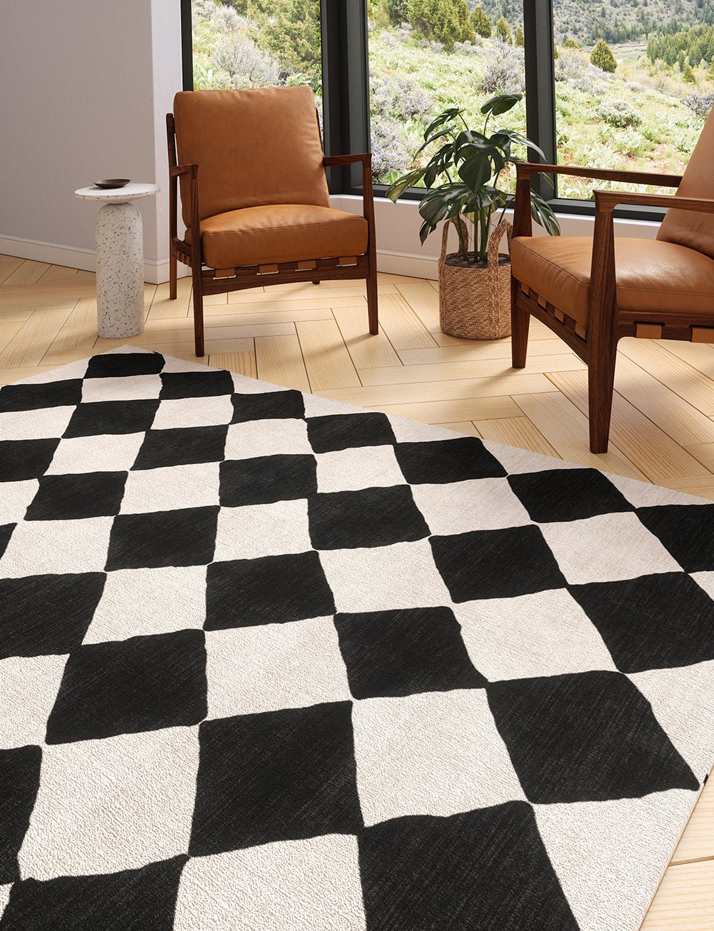 Tapis Trestres Noir & Ivoire | Motif Marocain à Carreaux - Les Trouvailles de JustinerugsartiplantoMachine Washable5'x7'