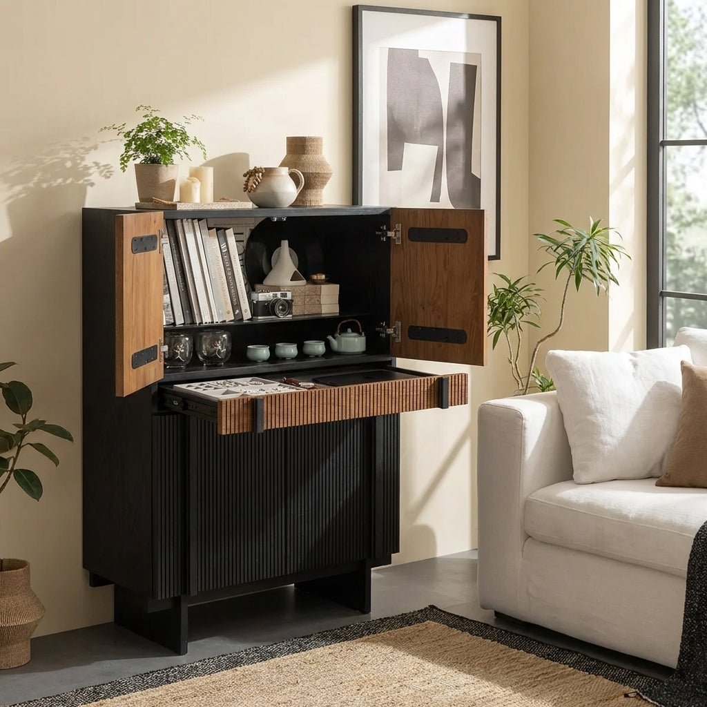 Buffet Girona en noyer et noir mat | Design contemporain texturé