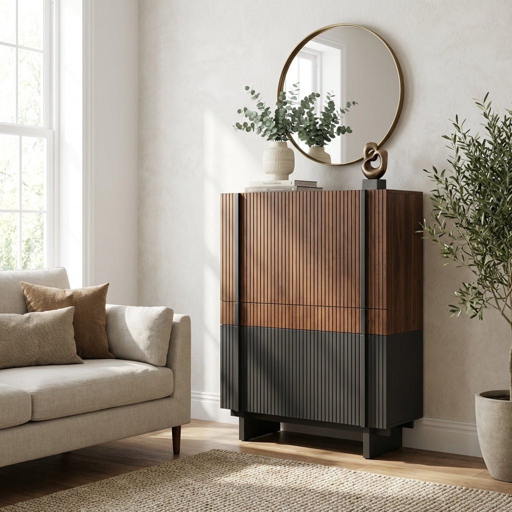 Buffet Girona en noyer et noir mat | Design contemporain texturé