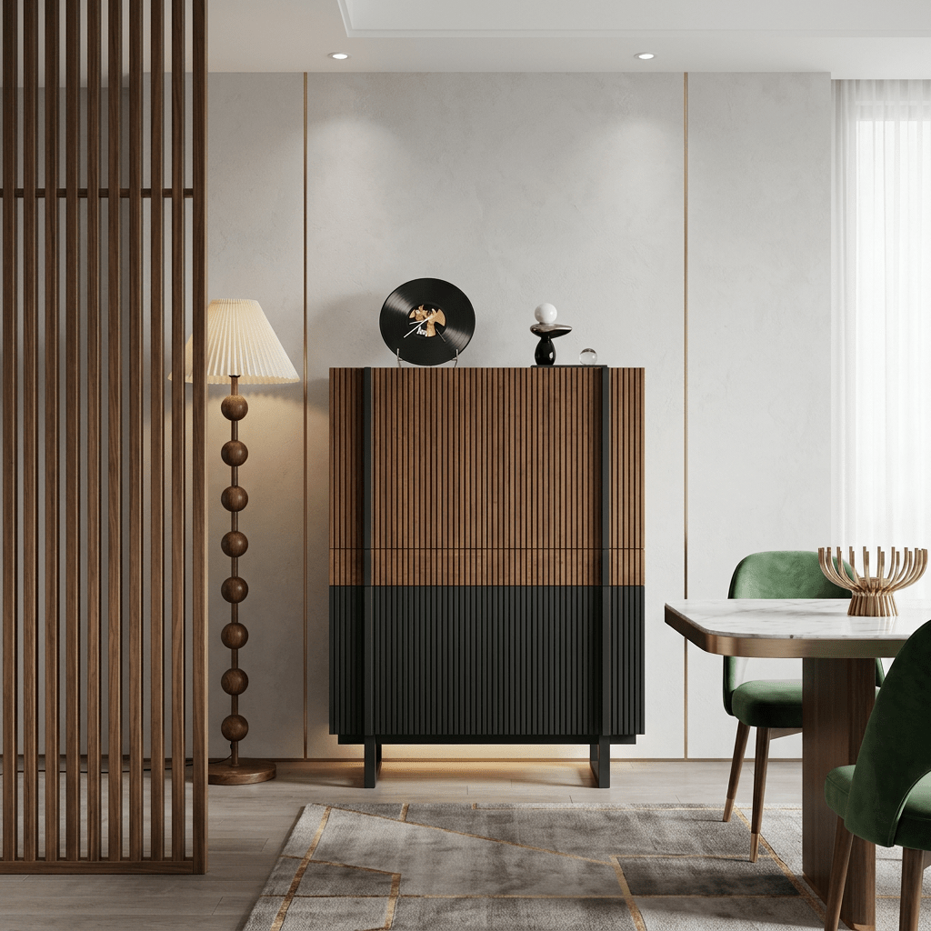 Buffet Girona en noyer avec panneaux cannelés noir mat contemporain