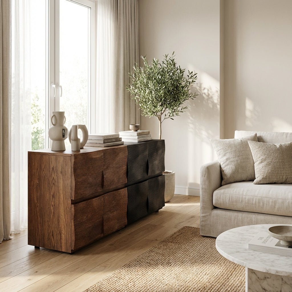 Buffet Ripple en bois texturé ondulé | Design contemporain sculptural | Fait main