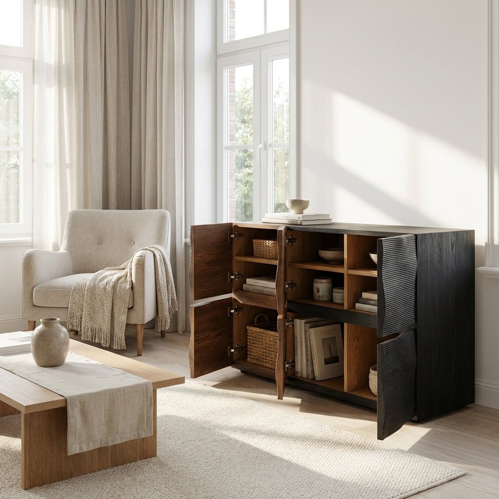 Buffet Ripple en bois texturé ondulé | Design contemporain sculptural | Fait main