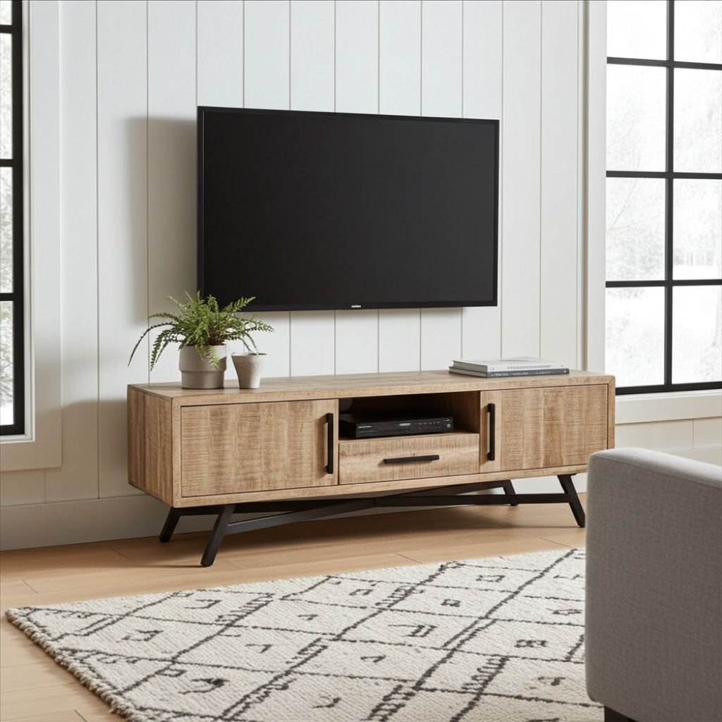 Console média en bois de manguier brut | Piètement en acier noir