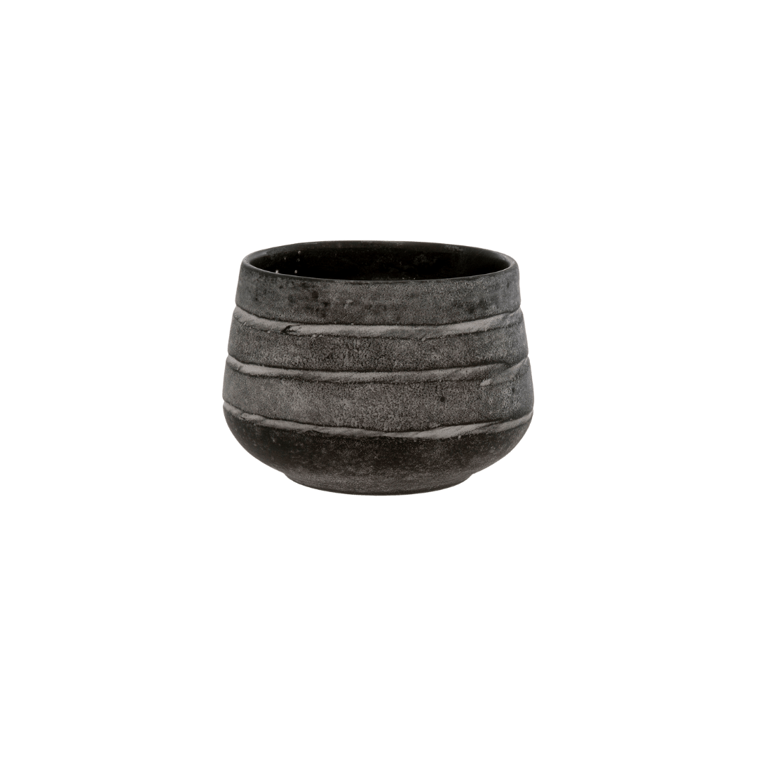 Vase rond en verre soufflé noir mat, bandes horizontales, ouverture