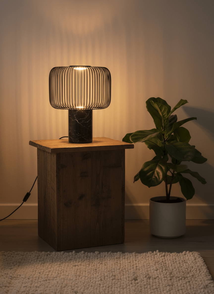 Lampe Veridian Altera base en marbre poli et structure cage noire