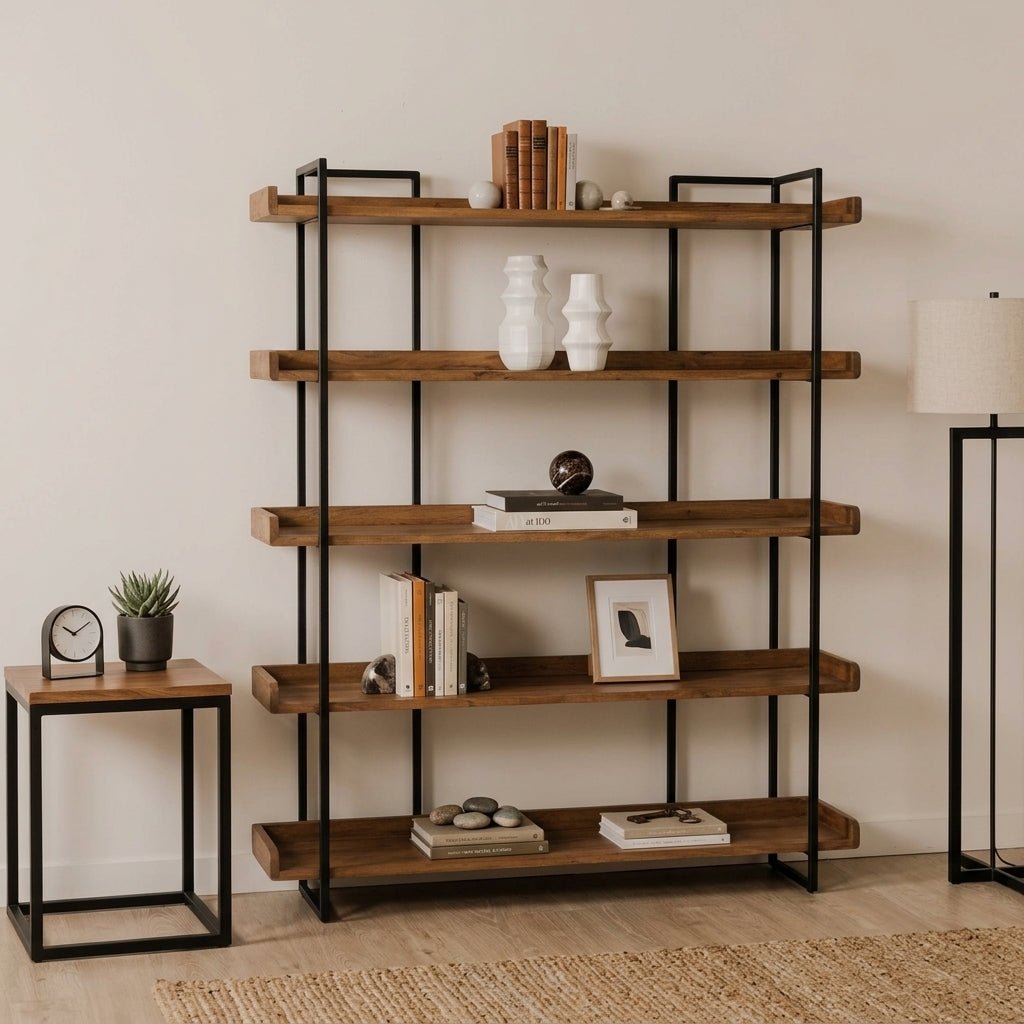 Bibliothèque artisanale Victorville en bois naturel et métal noir dans un intérieur contemporain