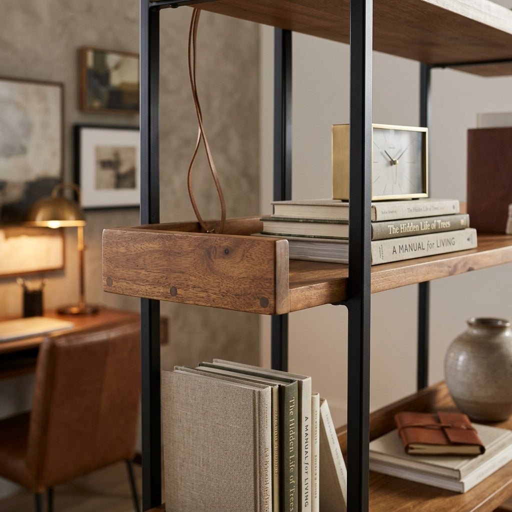 Bibliothèque Victorville en acacia massif | Style industriel | 5 étagères ouvertes