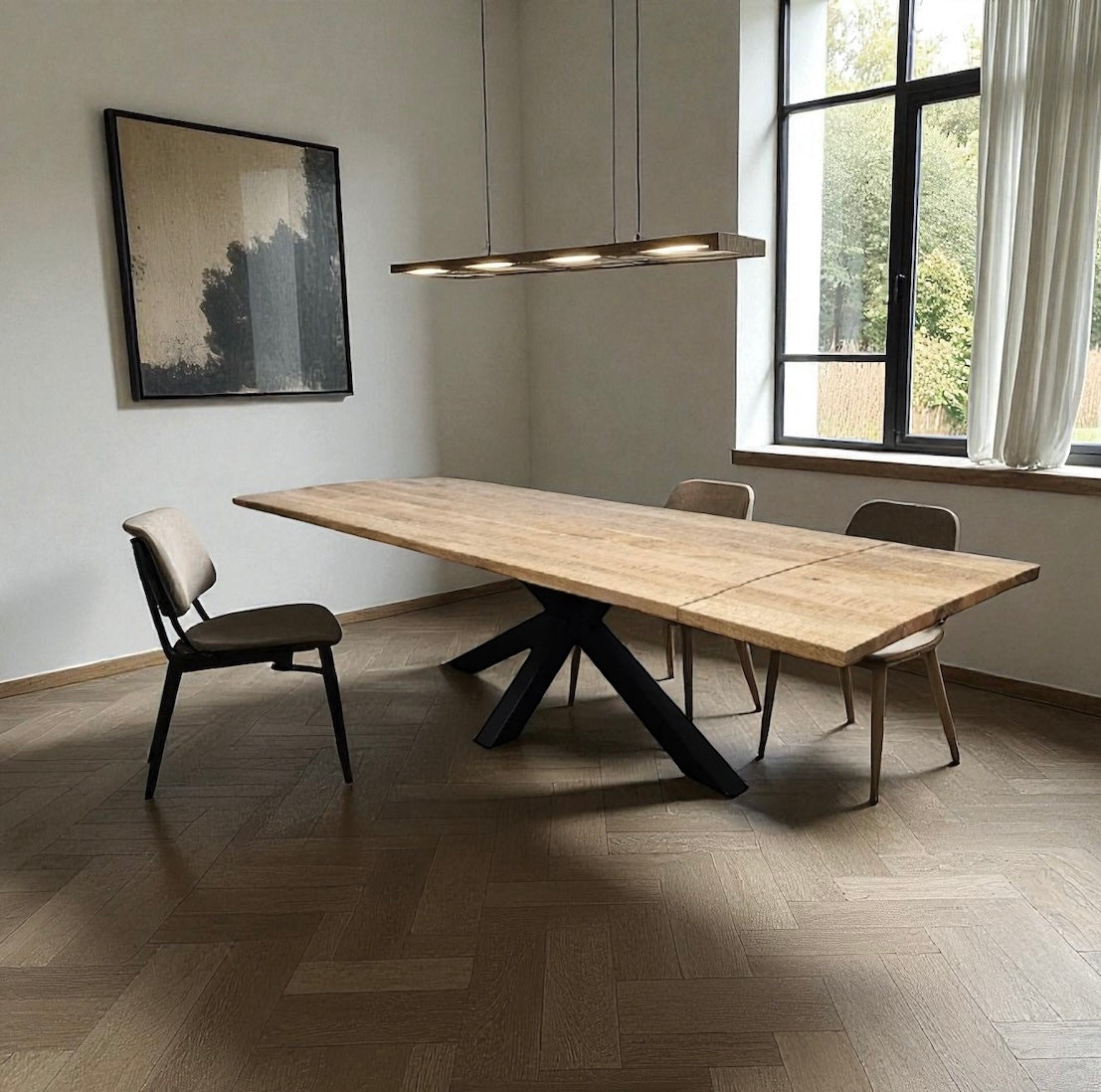 Table à Dîner Extensible avec Pattes Spider Noir Mat | Plateau en Bois de Manguier