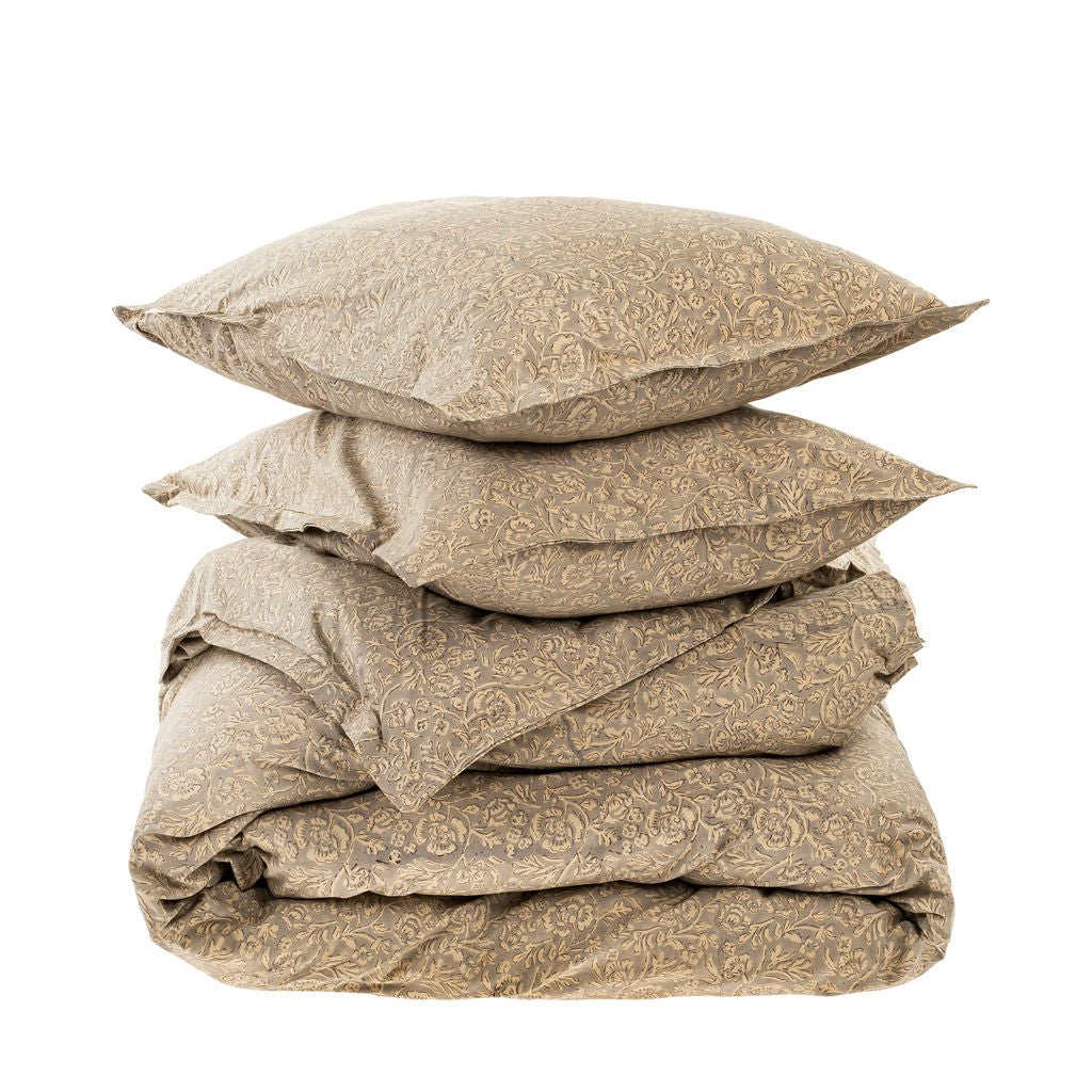 Ensemble Housse de Couette Queen Anju à Motif Imprimé à la Main | Bleu-Gris