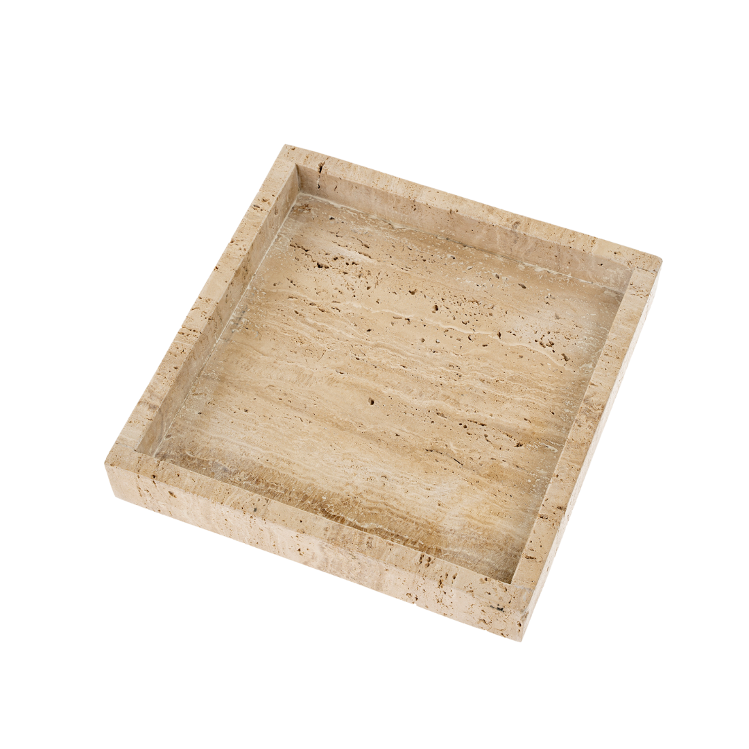 Plateau carré en travertin | 30 x 30 cm | Pierre naturelle sculptée à la main