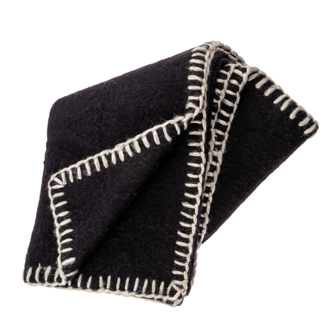 Jeté en Laine Mélangée à Point de Surjet | Noir | Finition Artisanale