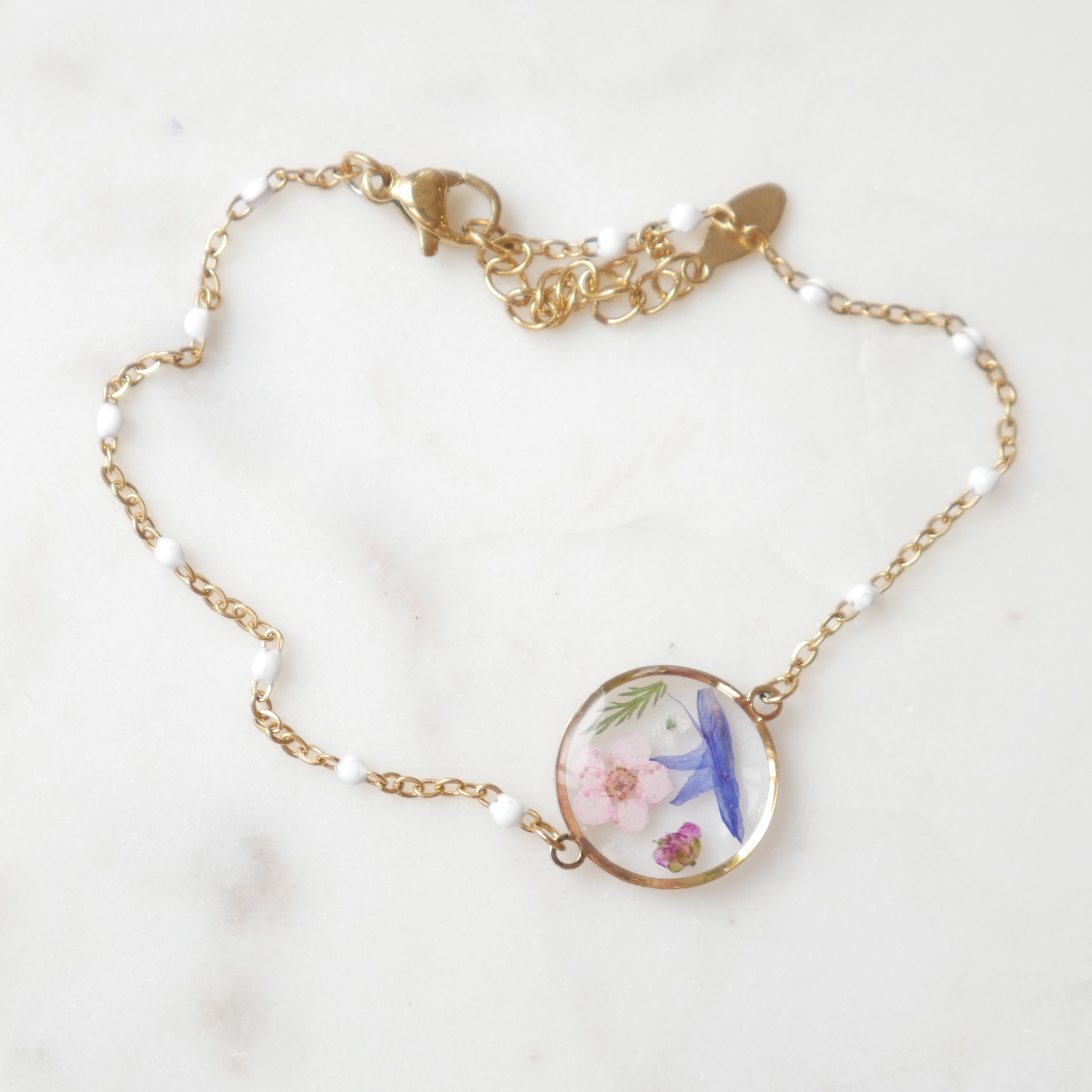 Bracelet Maia avec fleurs séchées | Médaillon 15 mm | Bracelet ajustable