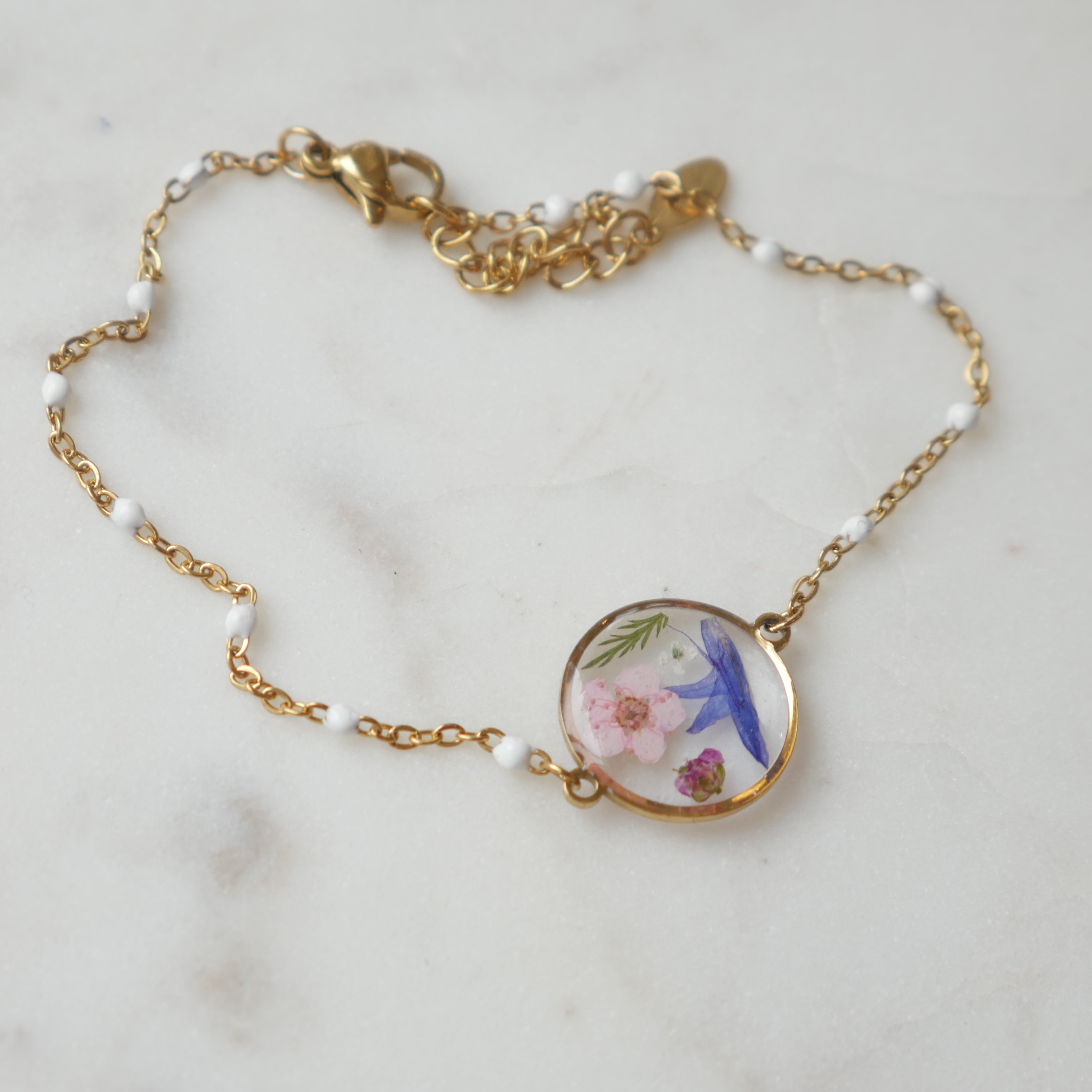 Bracelet Maia avec fleurs séchées | Médaillon 15 mm | Bracelet ajustable