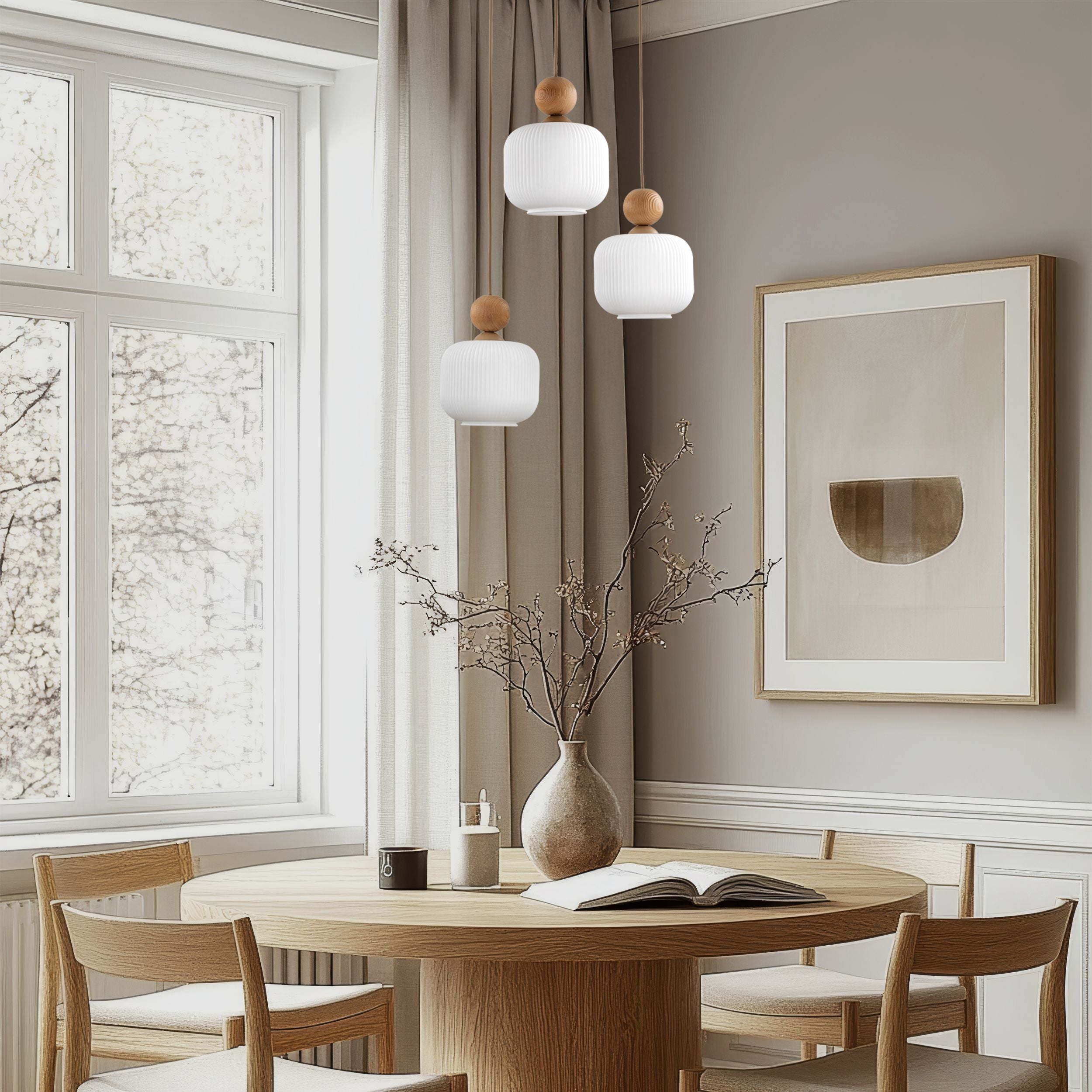 Lampe à Suspension Scandinave Ballo 3 | Verre Soufflé à la Main et Bois Naturel
