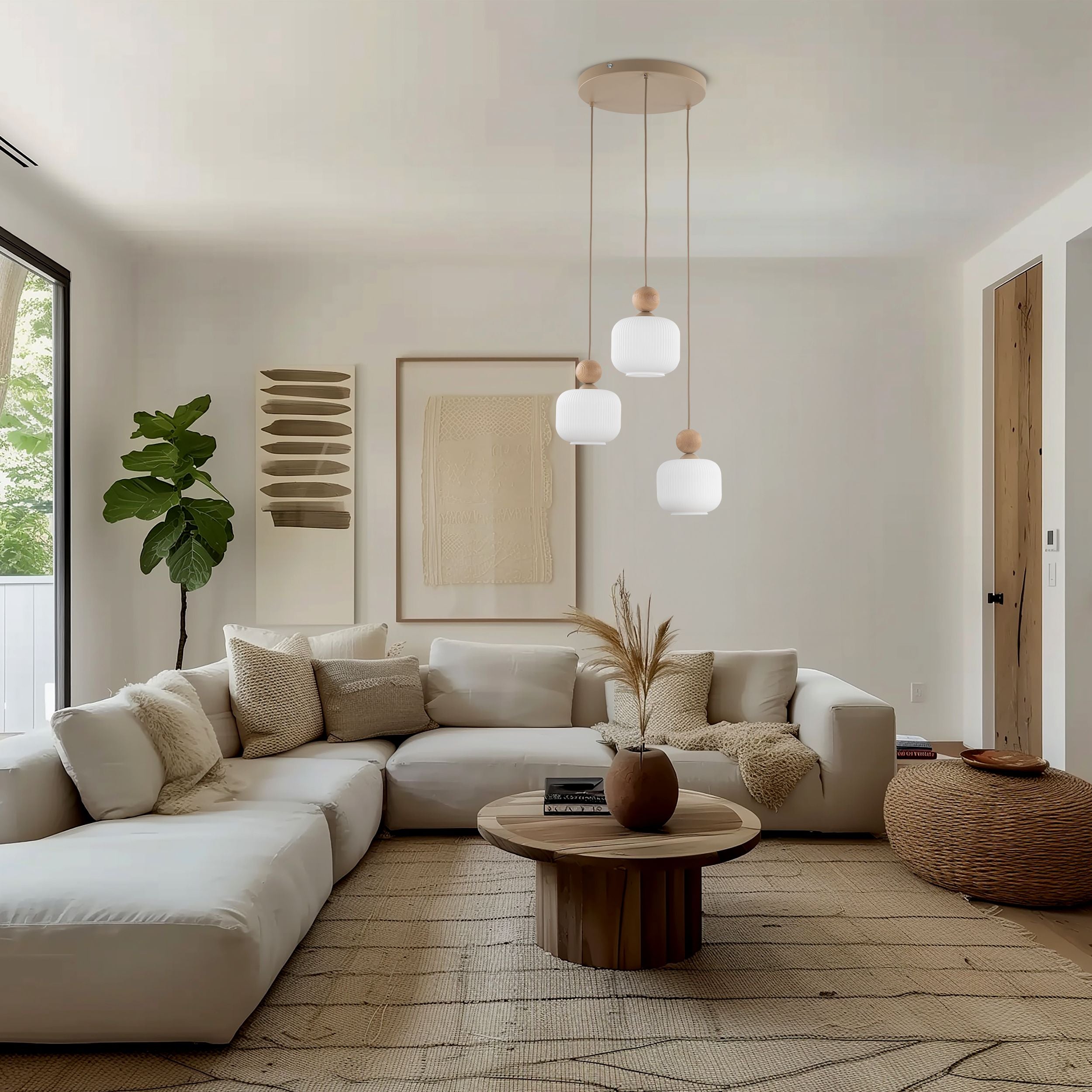 Lampe à Suspension Scandinave Ballo 3 | Verre Soufflé à la Main et Bois Naturel