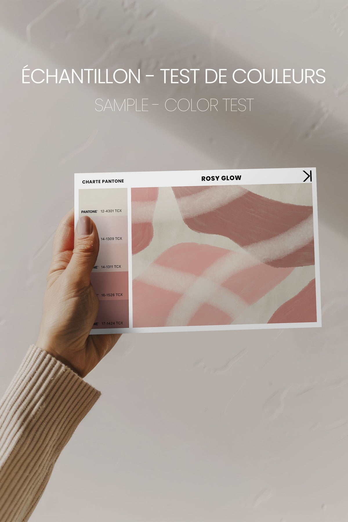 Échantillon de couleurs ROSY GLOW : carte avec palette et reproduction de l’œuvre