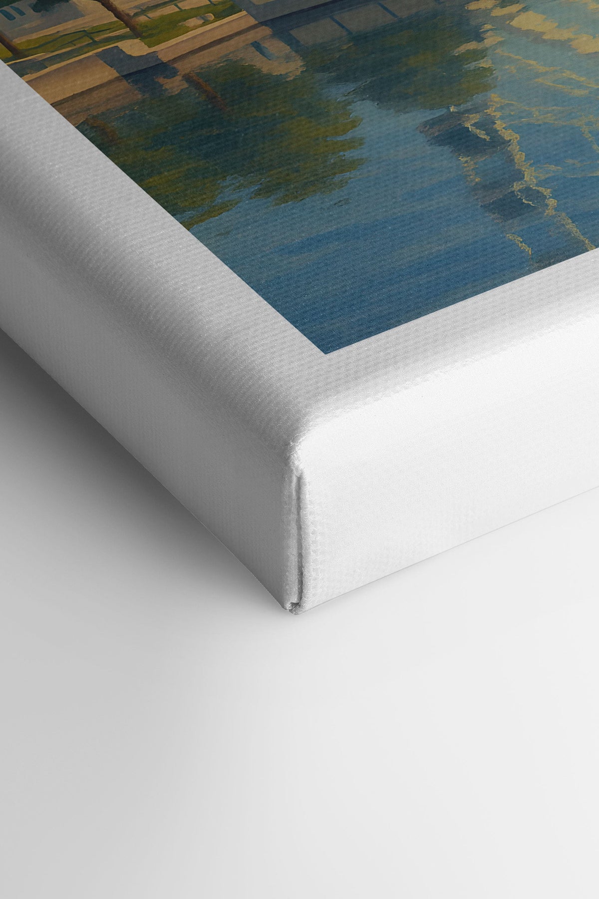 Toile étirée blanche, détail du coin et de l’angle de la bordure