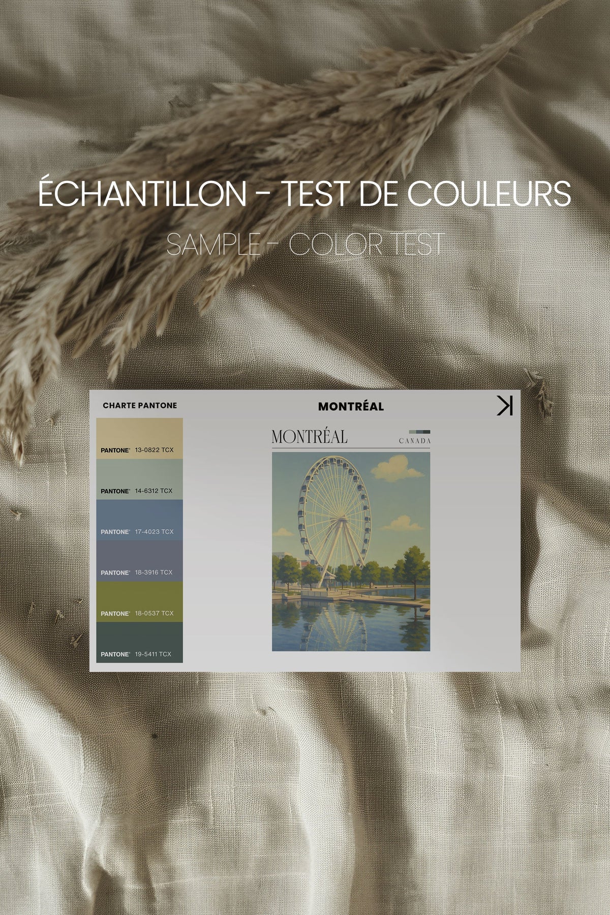 Échantillon test de couleurs avec toile étirée Montréal, grande roue et nuages