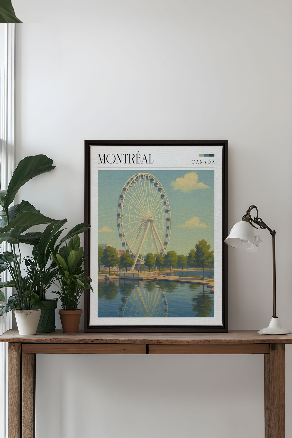 Toile étirée encadrée noire, affiche Montréal avec grande roue au-dessus du lac